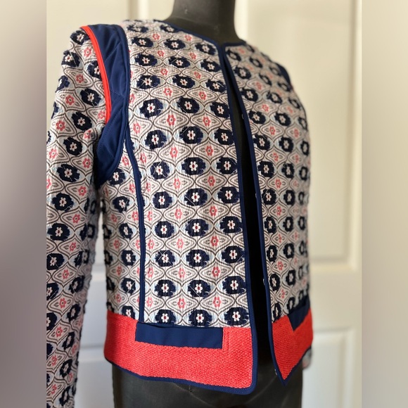 Tory Burch Rainford Daisy Jacquard Quilted Jacket Navy Orange Size 8 - Picture 6 of 9